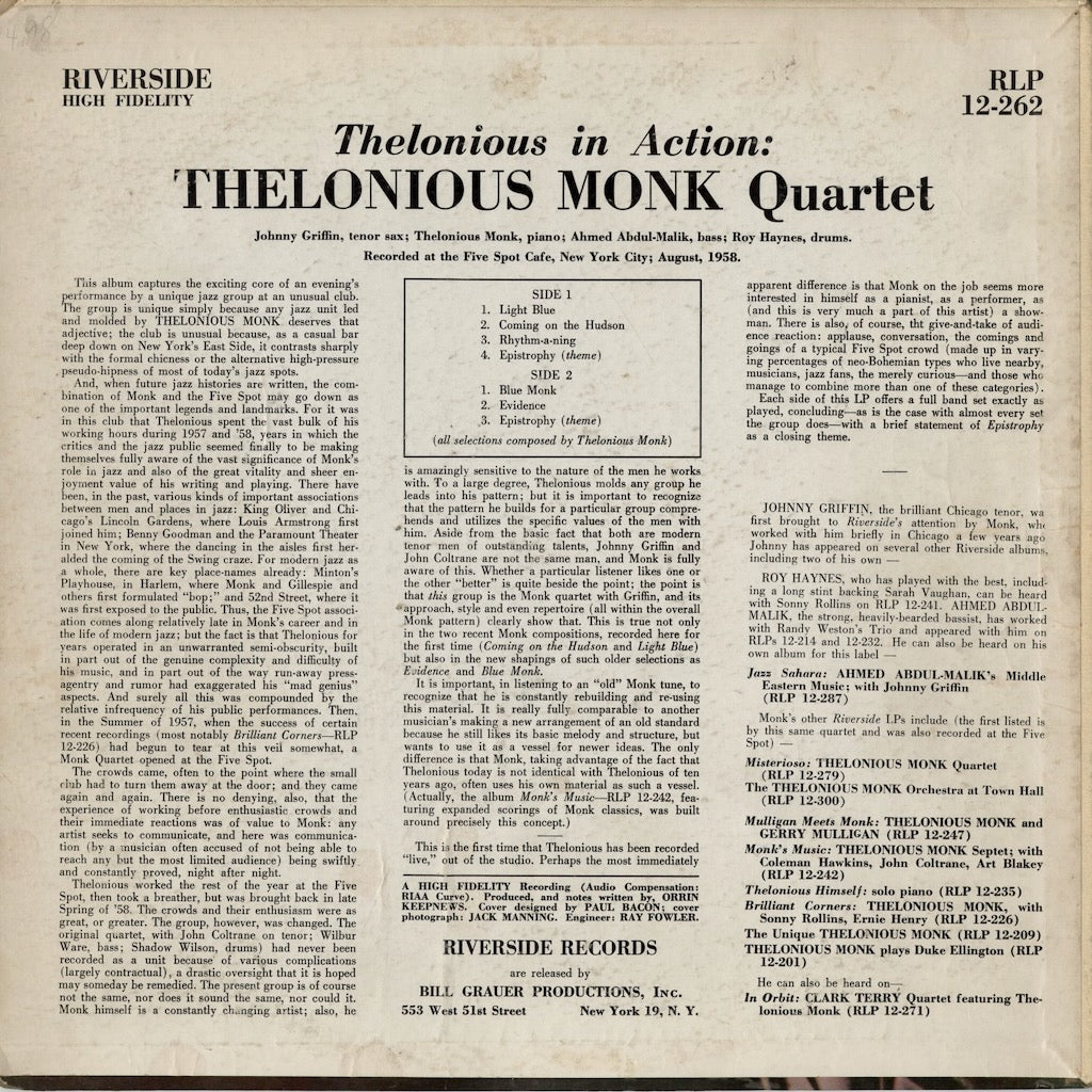Thelonious Monk - In Action (RLP 12-262) 1958 US Riverside｜中古LP