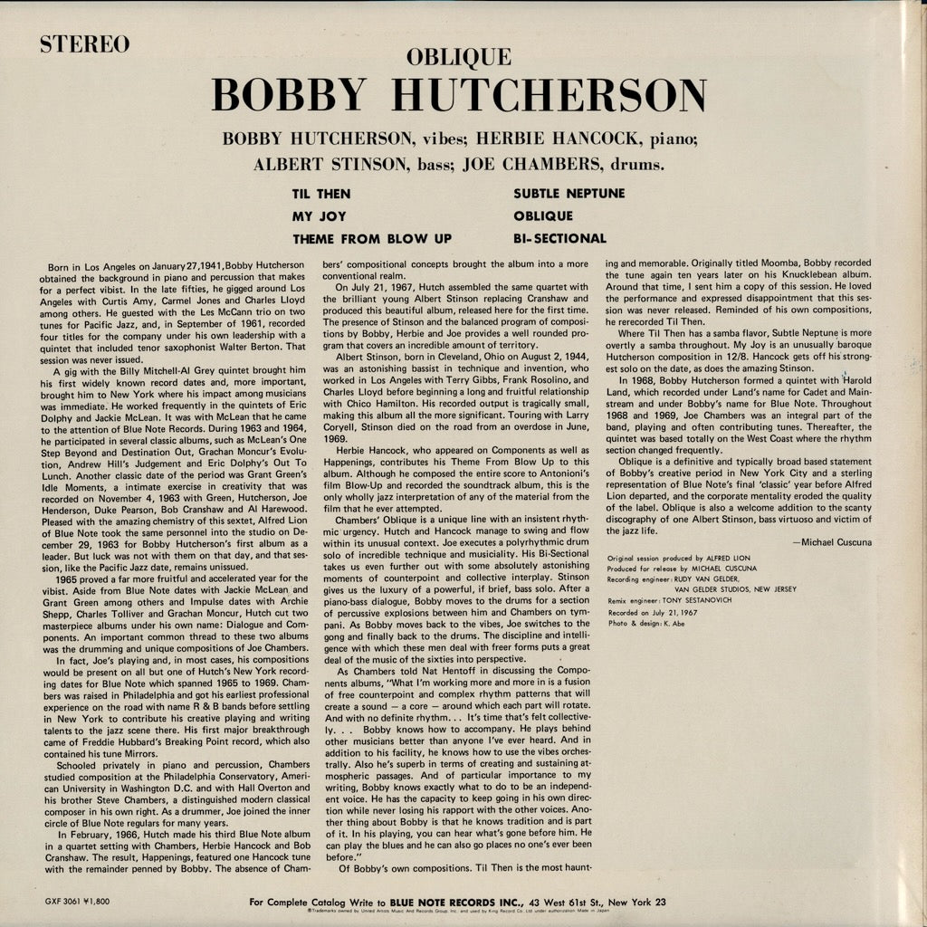 Bobby Hutcherson / ボビー・ハッチャーソン / Oblique (GXF-3061)