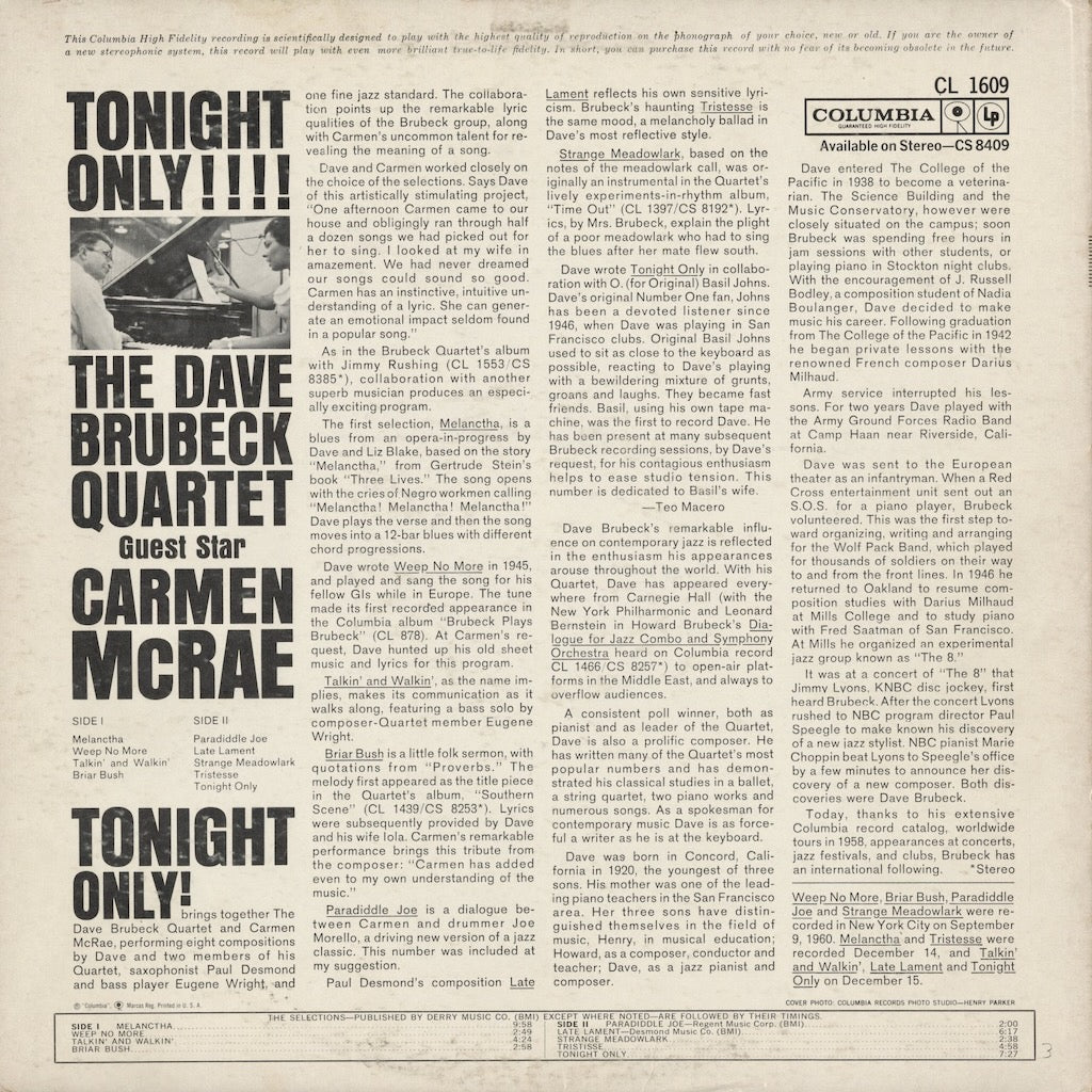 Dave Brubeck - Tonight Only! (CL 1409) LP 1961 US Columbia｜中古LP