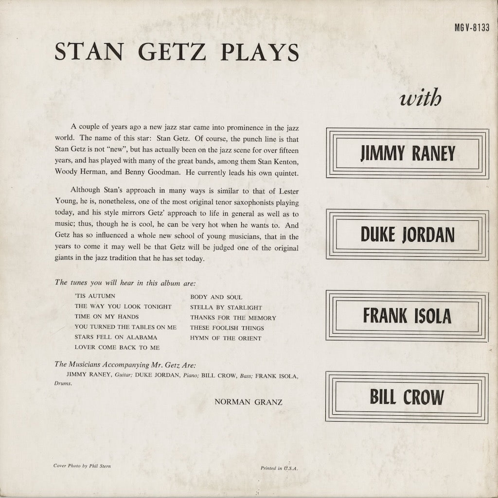 Stan Getz - Stan Getz Plays (MG V-8133) 1957 US Verve｜中古LP