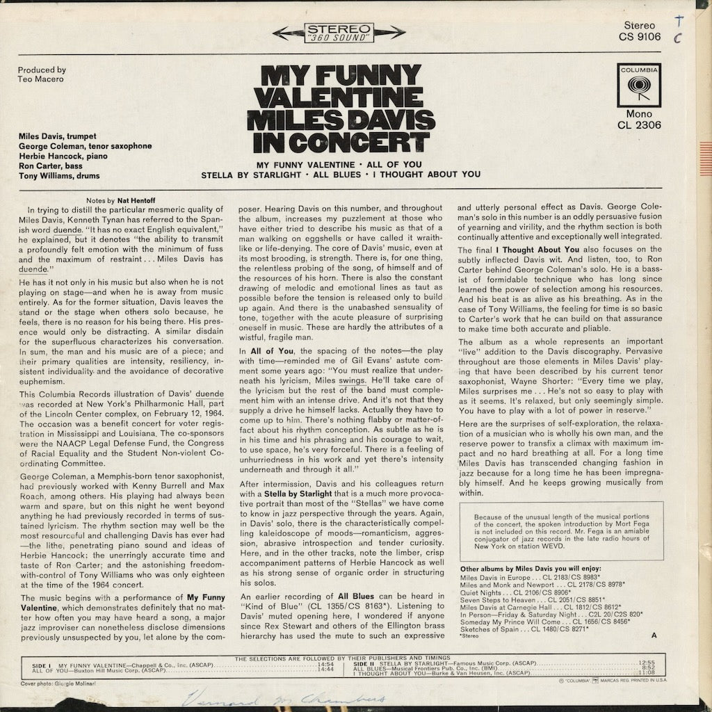 Miles Davis - My Funny Valentine (CS 9106) LP 1965 US Columbia｜中古LP