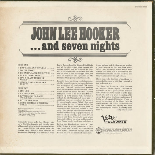 John Lee Hooker - ... And Seven Nights (FT-3003) 1966 US Verve Folkways｜中古LP