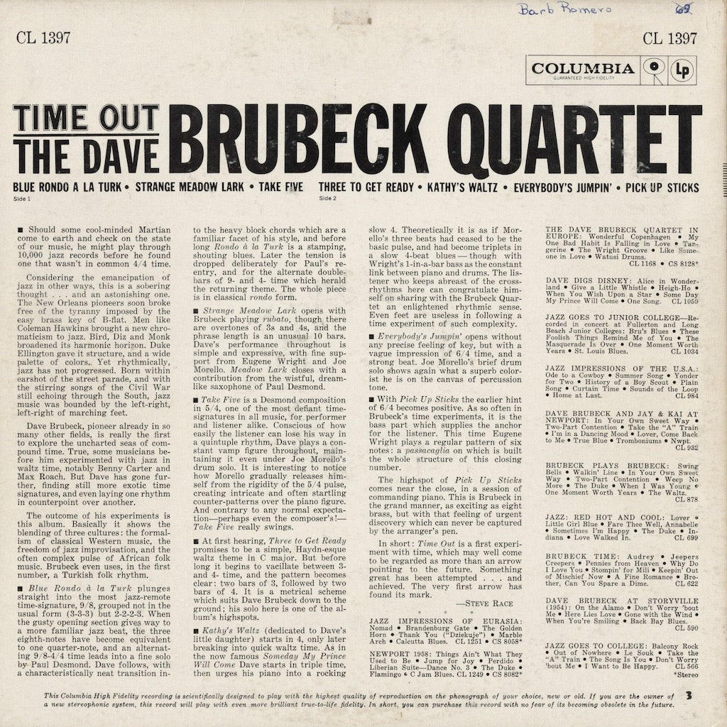 Dave Brubeck - Time Out (CL 1397) LP 1961 US Columbia｜中古LP