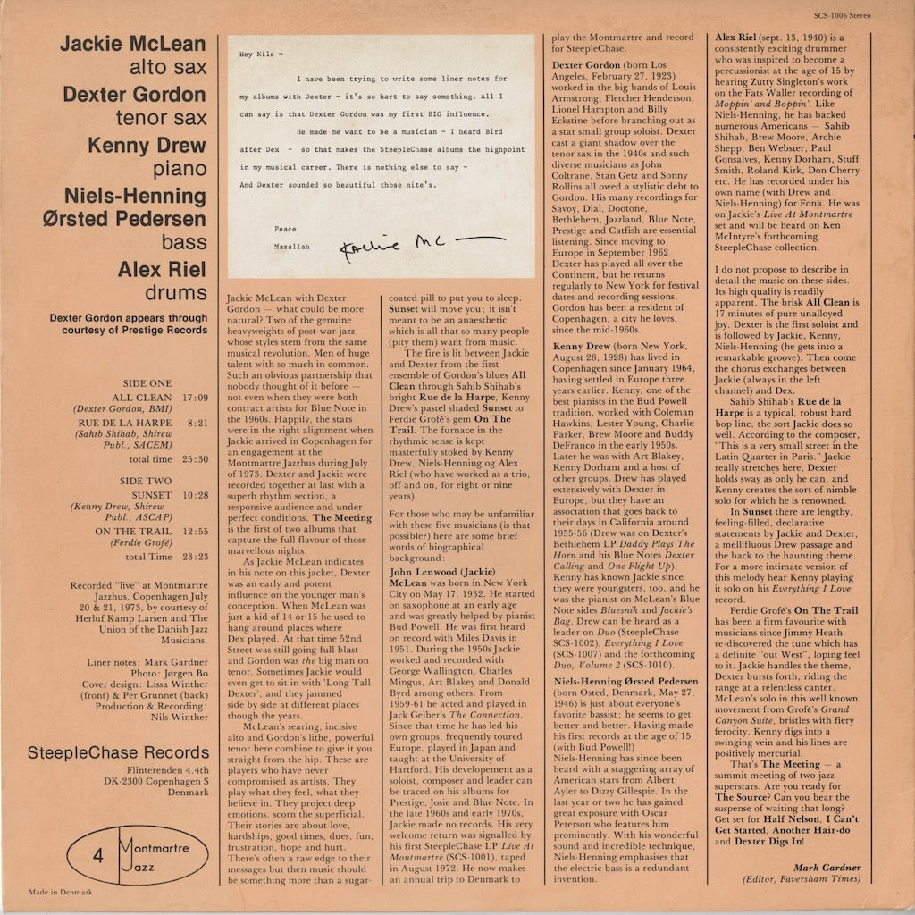 Jackie McLean & Dexter Gordon - The Meeting Vol. 1 (RJ-6003) LP 1974 Denmark SteepleChase