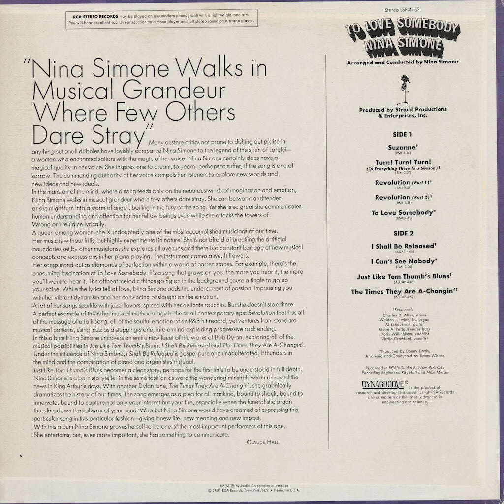 Nina Simone - To Love Somebody (LSP-4152) 1969 US RCA｜中古LP