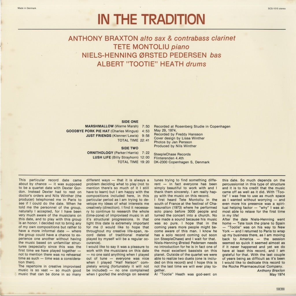 Anthony Braxton / アンソニー・ブラクストン / In The Tradition (SCS-1015)