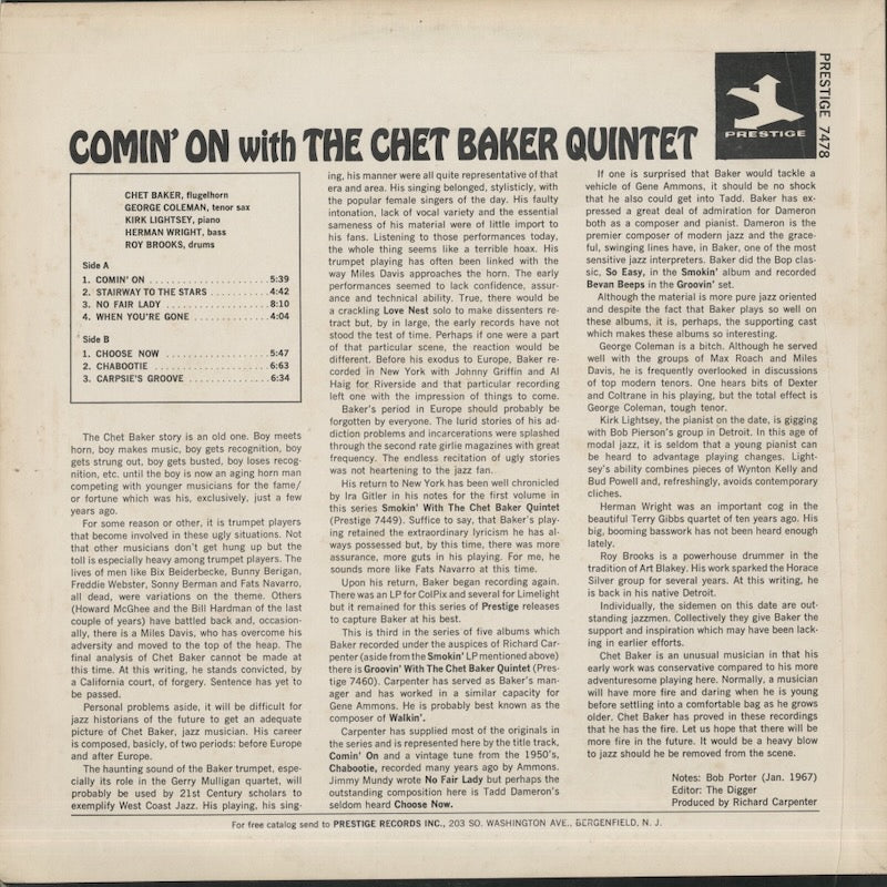 Chet Baker / チェット・ベイカー / Comin' On With The Chet Baker Quintet (PR 7478)