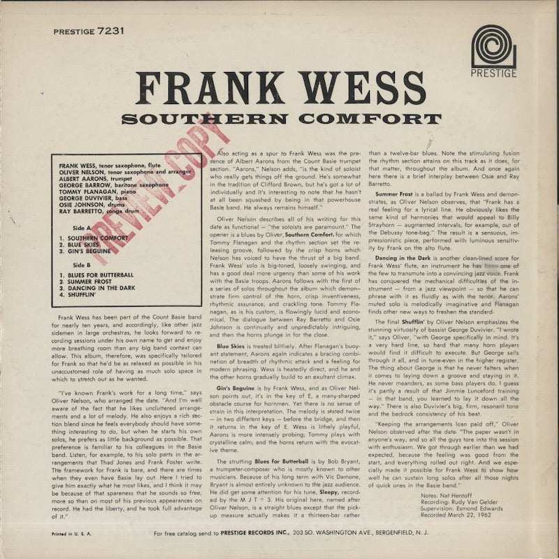 Frank Wess / フランク・ウェス / Southern Comfort (PRLP 7231)