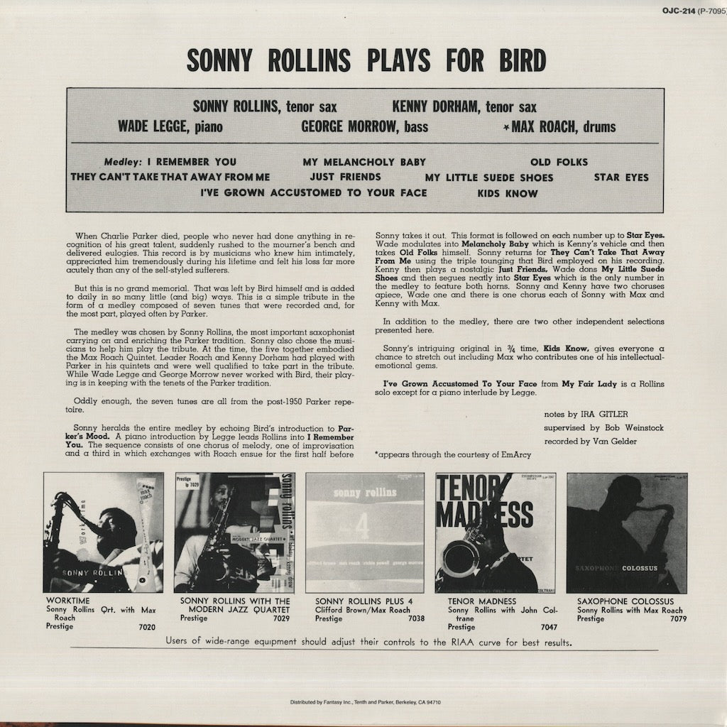 Sonny Rollins / ソニー・ロリンズ / Rollins Plays For Bird (OJC-214)