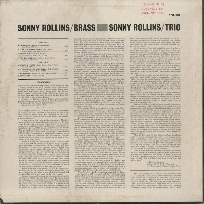 Sonny Rollins / ソニー・ロリンズ / Brass / Trio (V6-8430)