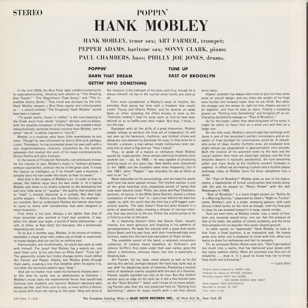 Hank Mobley - Poppin' (GXF 3066) 1980 JPN Blue Note｜中古LP back