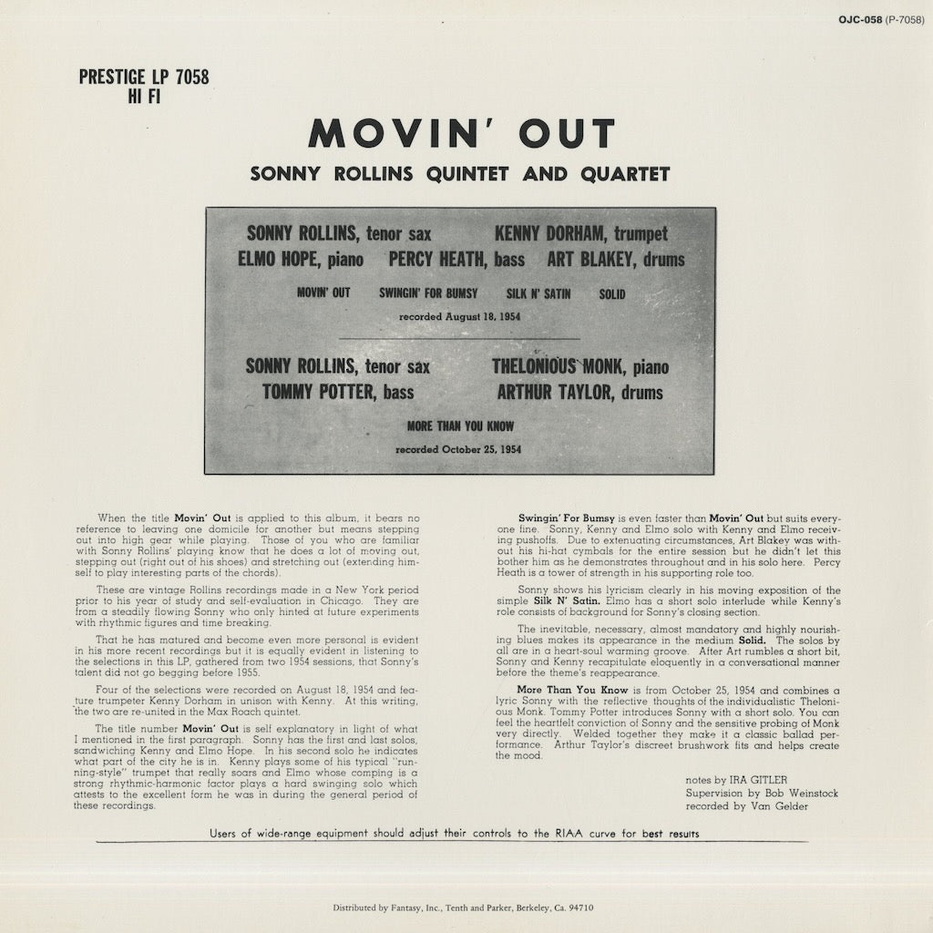 Sonny Rollins / ソニー・ロリンズ / Moving Out (OJC-058) – VOXMUSIC