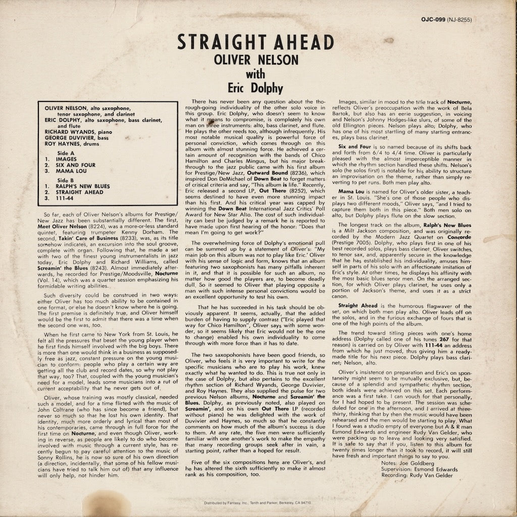 Oliver Nelson - Straight Ahead (OJC-099) LP 1984 US New Jazz / Original Jazz Classics｜中古LP