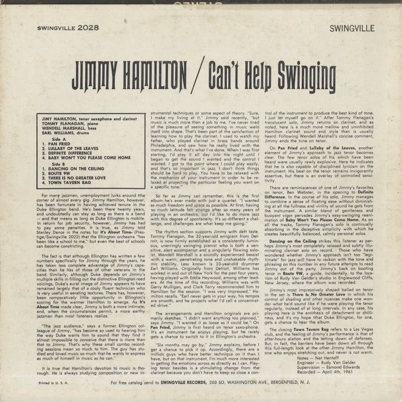 Jimmy Hamilton / ジミー・ハミルトン / Can't Help Swinging (SVLP 2028)