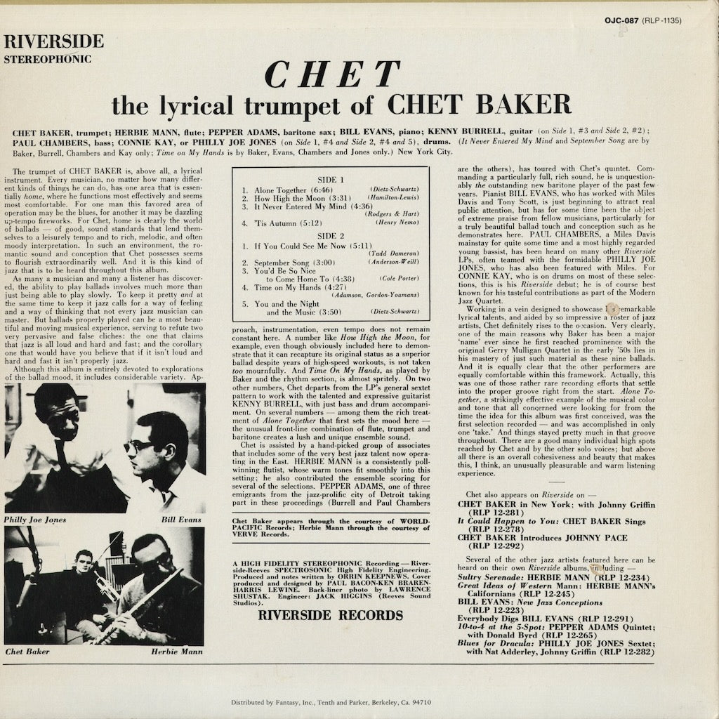Chet Baker - Chet (OJC-087) 1983 US Riverside/OJC｜中古LP