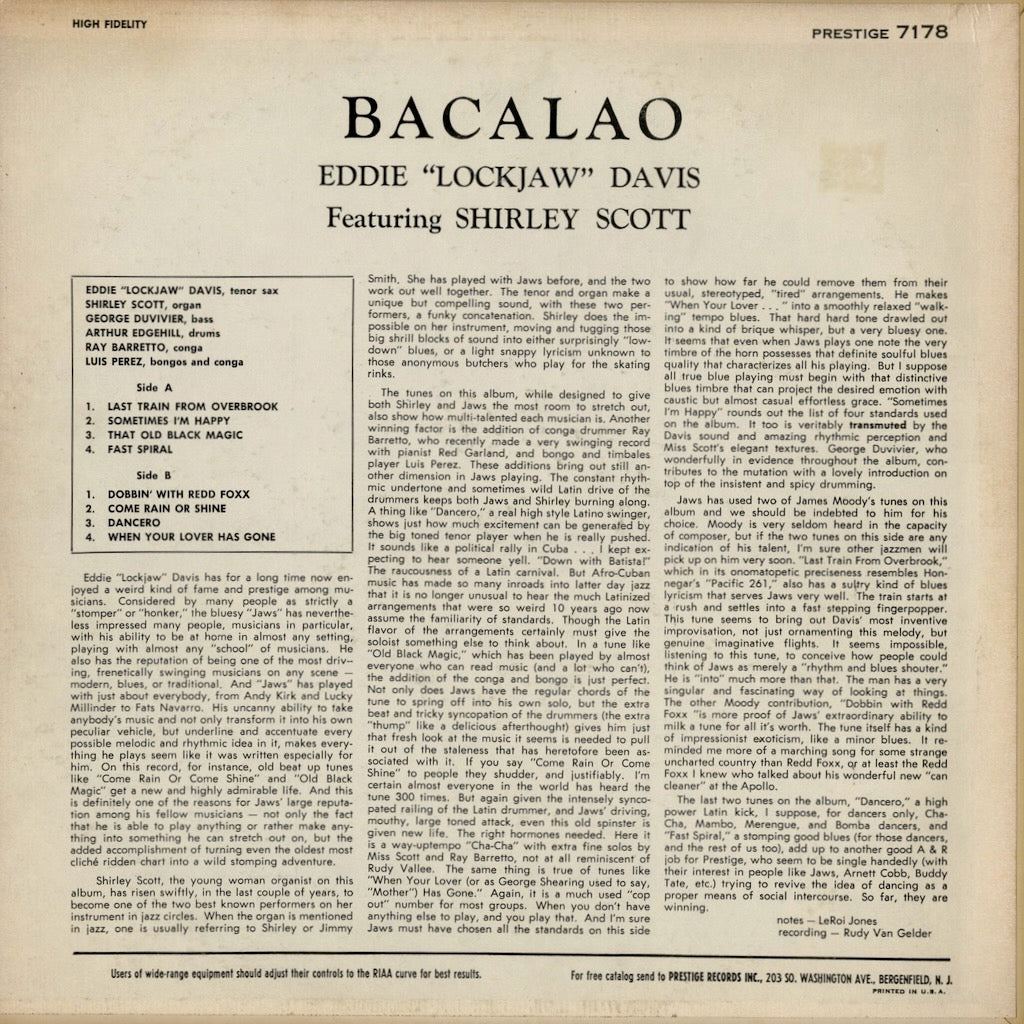 Eddie Lockjaw Davis – Bacalao (PRLP 7178) LP 1960 US Prestige | 中古LP