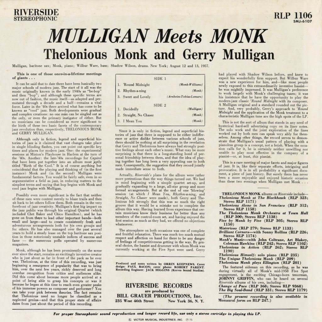 Thelonious Monk And Gerry Mulligan - Mulligan Meets Monk (SMJ-6107) 1975 JPN Riverside - 東芝｜中古LP