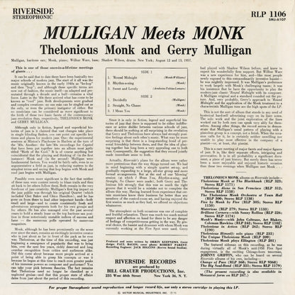 Thelonious Monk And Gerry Mulligan - Mulligan Meets Monk (SMJ-6107) 1975 JPN Riverside - 東芝｜中古LP