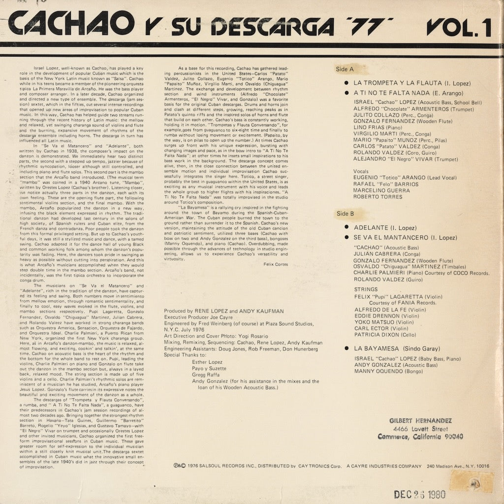 Cachao / カチャーオ / Cachao Y Su Descarga '77 Vol.1 (SAL-4111)