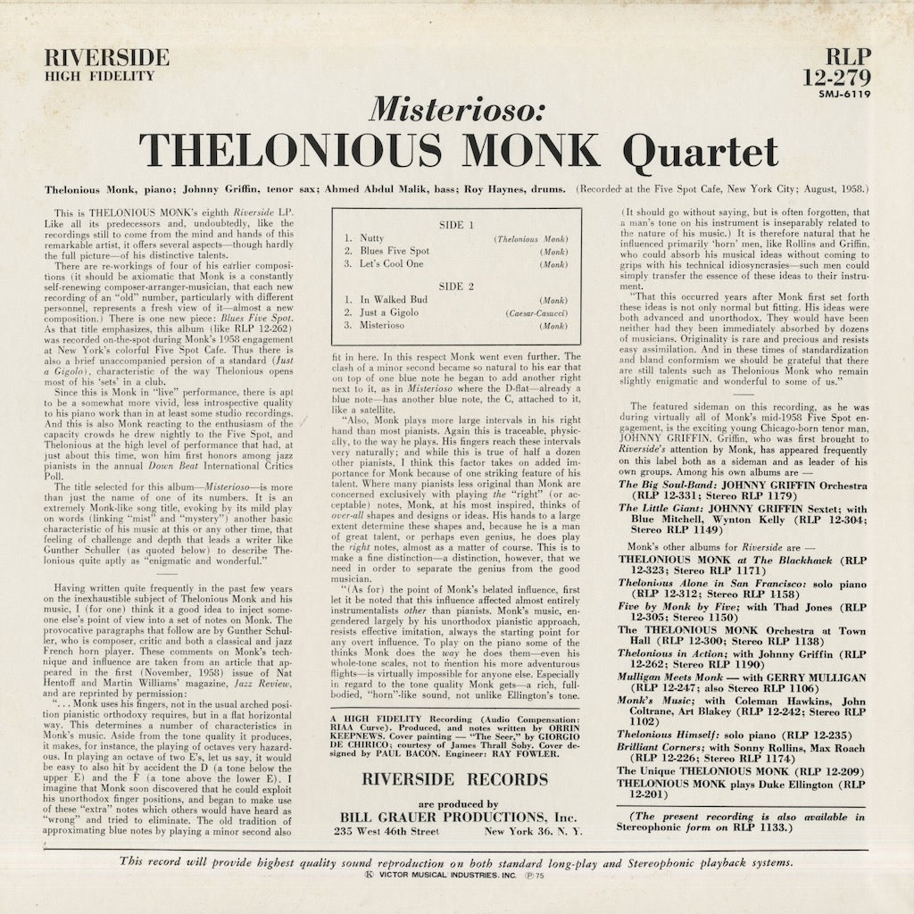 Thelonious Monk / セロニアス・モンク / Misterioso (SMJ-6119)