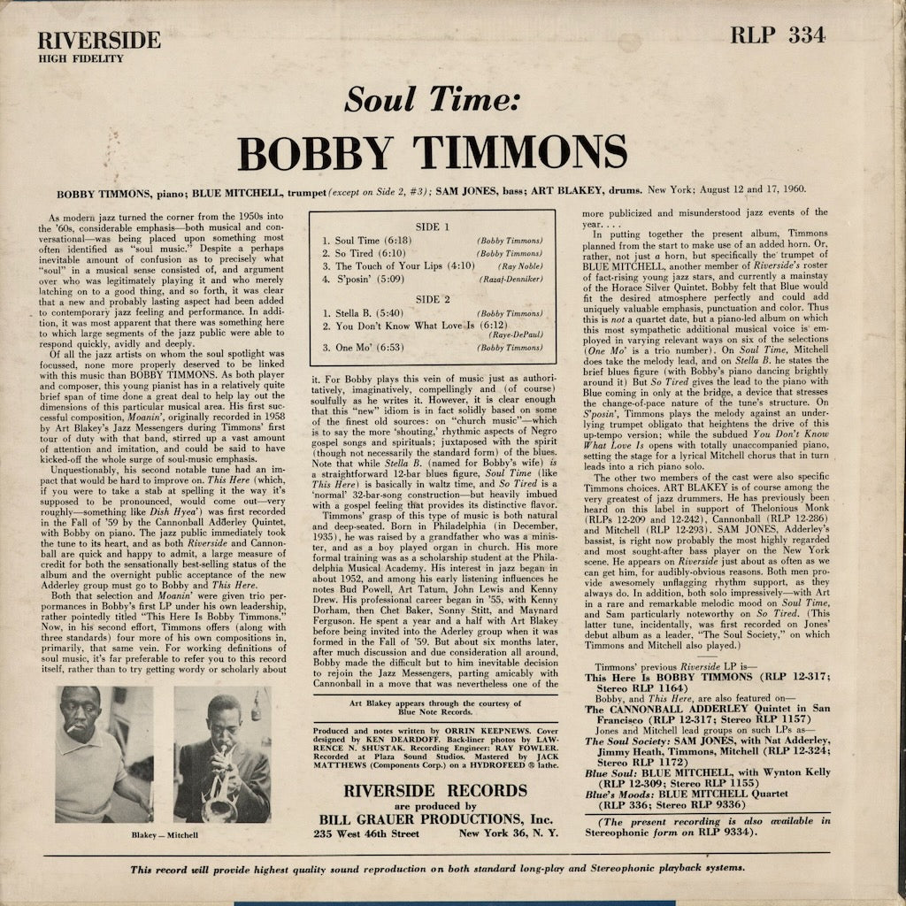 Bobby Timmons - Soul Time (RLP 334) 1960 US Riverside｜中古LP