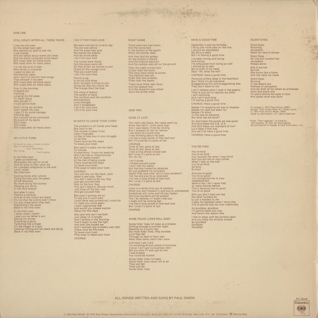 Paul Simon - Still Crazy After All These Years (PC 33540) LP 1975 US Columbia｜中古LP