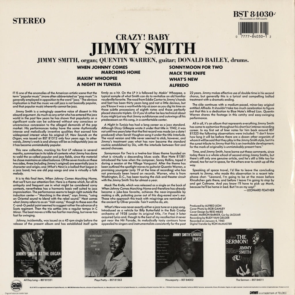 Jimmy Smith / Crazy! Baby (BST 84030) LP 1986 US Blue Note｜中古LP
