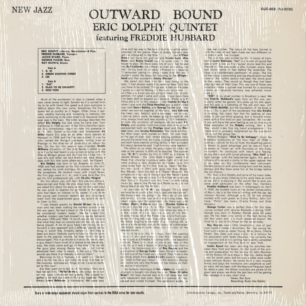 Eric Dolphy - Outward Bound (OJC-022) 1987 US New Jazz / OJC｜中古LP