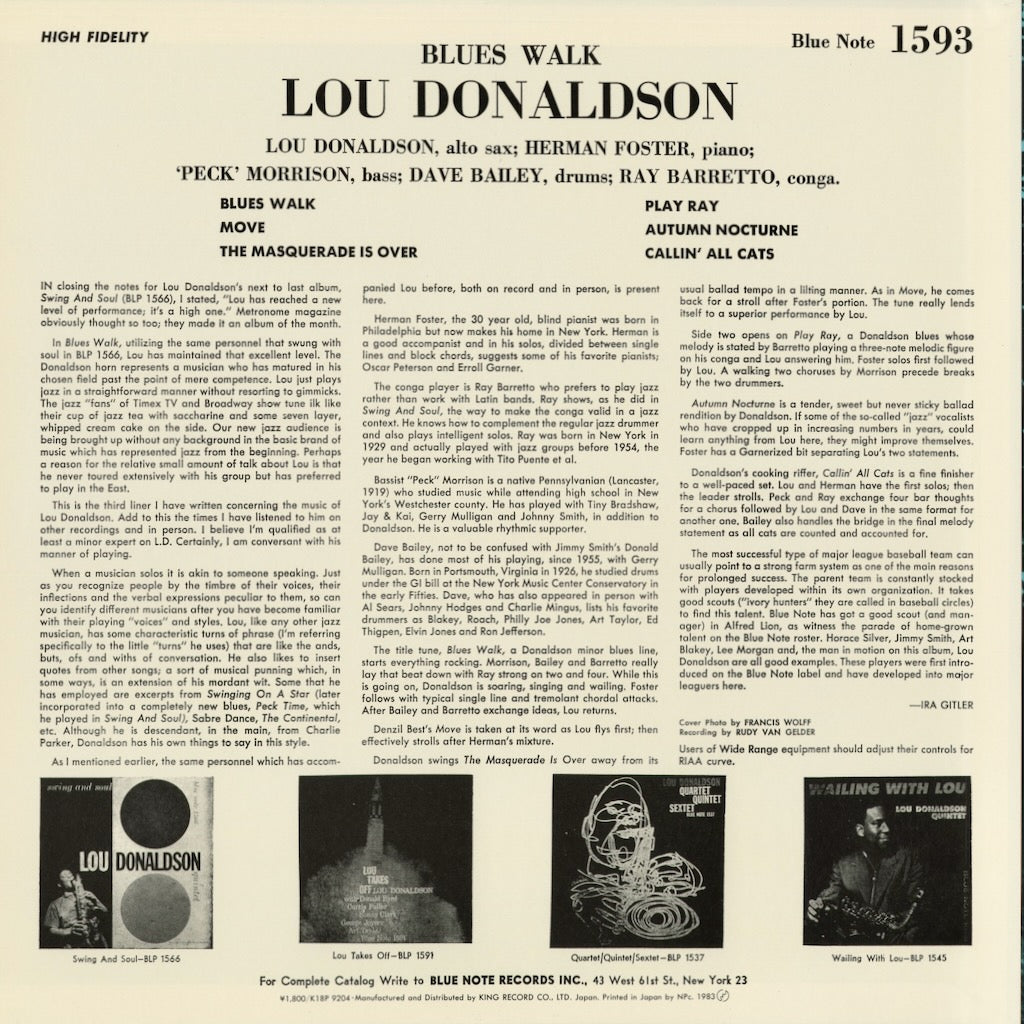 Lou Donaldson - Blues Walk (K18P-9204) 1983 JPN Blue Note｜中古LP