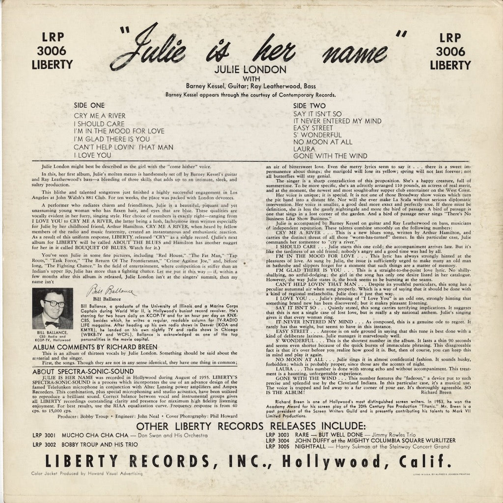 Julie London – Julie Is Her Name (LRP 3006) LP 1955 US Liberty | 中古LP