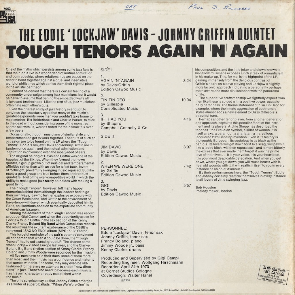 Eddie Davis, Johnny Griffin Quintet / エディ・デイヴィス, ジョニー・グリフィン / Tough Tenors Again 'N' Again (PR 7063)