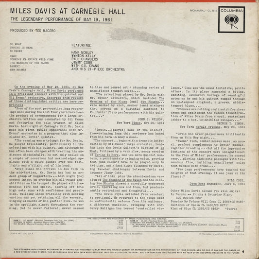 Miles Davis - At Carnegie Hall (CL 1812) 1962 US Columbia｜中古LP
