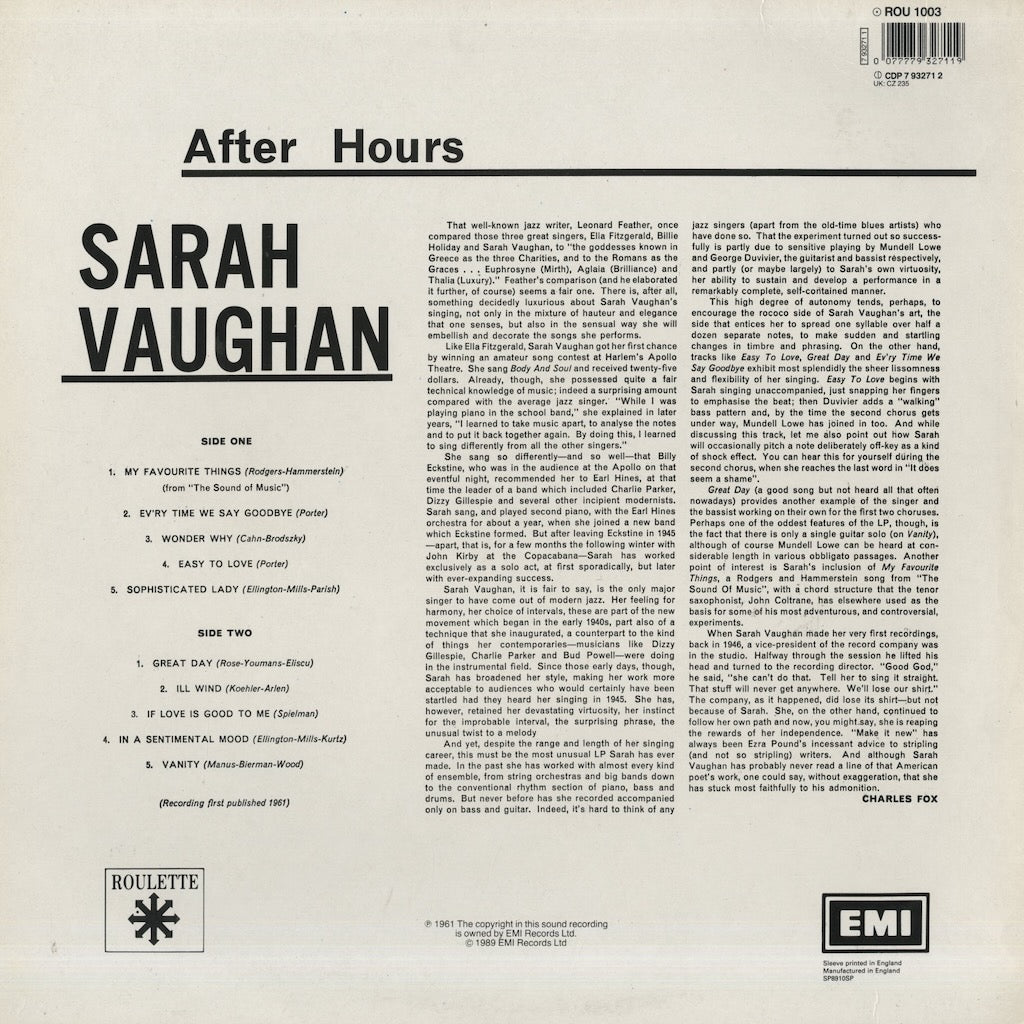 Sarah Vaughan / サラ・ヴォーン / After Hours (ROU 1003)