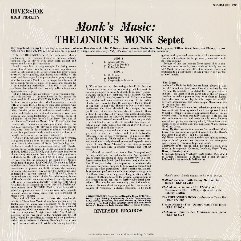 Thelonious Monk - Monk's Music (OJC-084) 1983 US Riverside / OJC｜中古LP