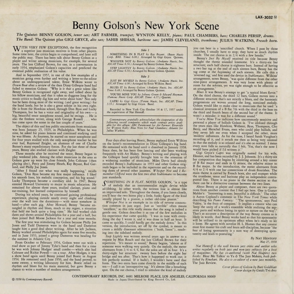 Benny Golson - Benny Golson's New York Scene (LAX-3032(M)) 1975 JPN Contemporary - King Records｜中古LP