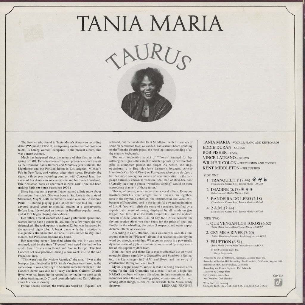 Tania Maria – Taurus (CJP-175) LP 1982 US Concord Jazz Picante | 中古LP