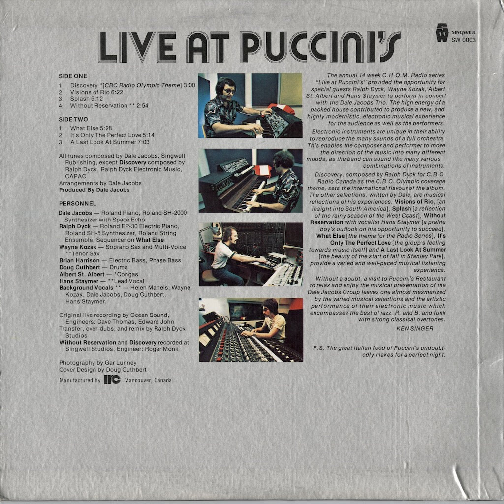 The Dale Jacobs Group - Live At Puccini's (SW-0003) LP 1976 CANADA Singwell｜中古LP