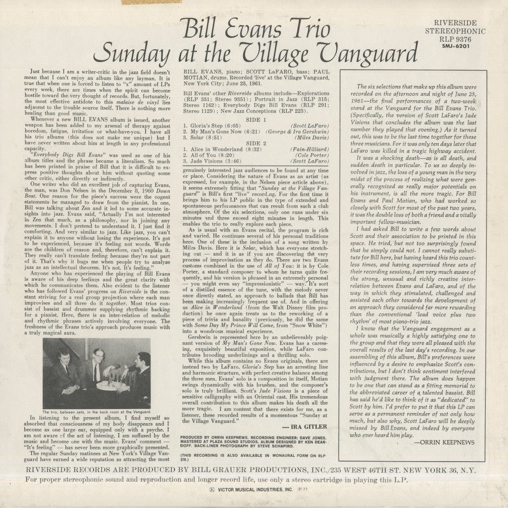 Bill Evans / ビル・エヴァンス / Sunday At The Village Vanguard (SMJ-6201)