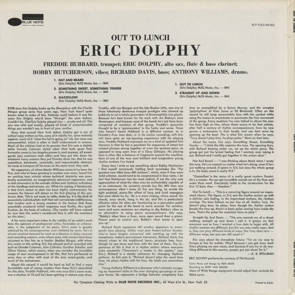 Eric Dolphy / エリック・ドルフィー / Out To Lunch (BST 84163) US Blue Note Liberty 青白Label