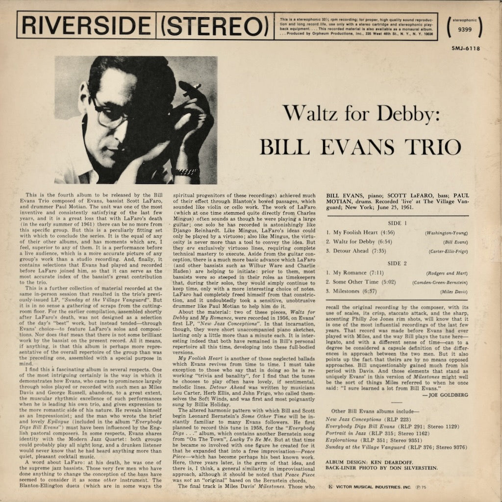 Bill Evans - Waltz For Debby (SMJ-6118) LP 1975 JPN Riverside｜中古LP
