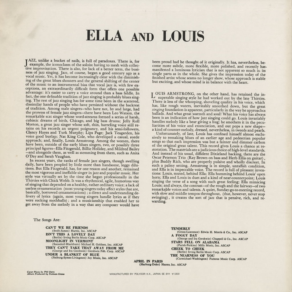 Ella Fitzgerald, Louis Armstrong - Ella and Louis (18MJ 9024) 1981 JPN Verve｜中古LP