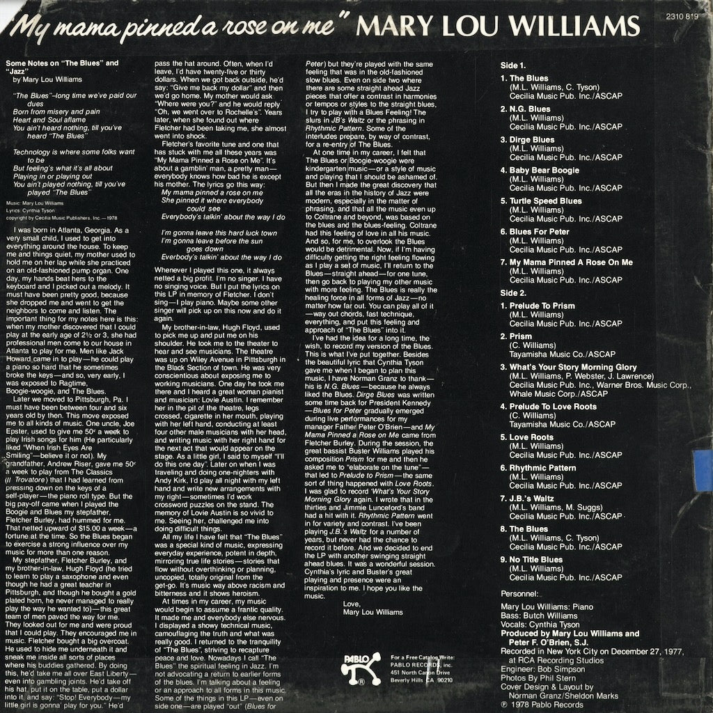 Mary Lou Williams - My Mama Pinned A Rose On Me (2310 819) 1979 US Pablo｜中古LP