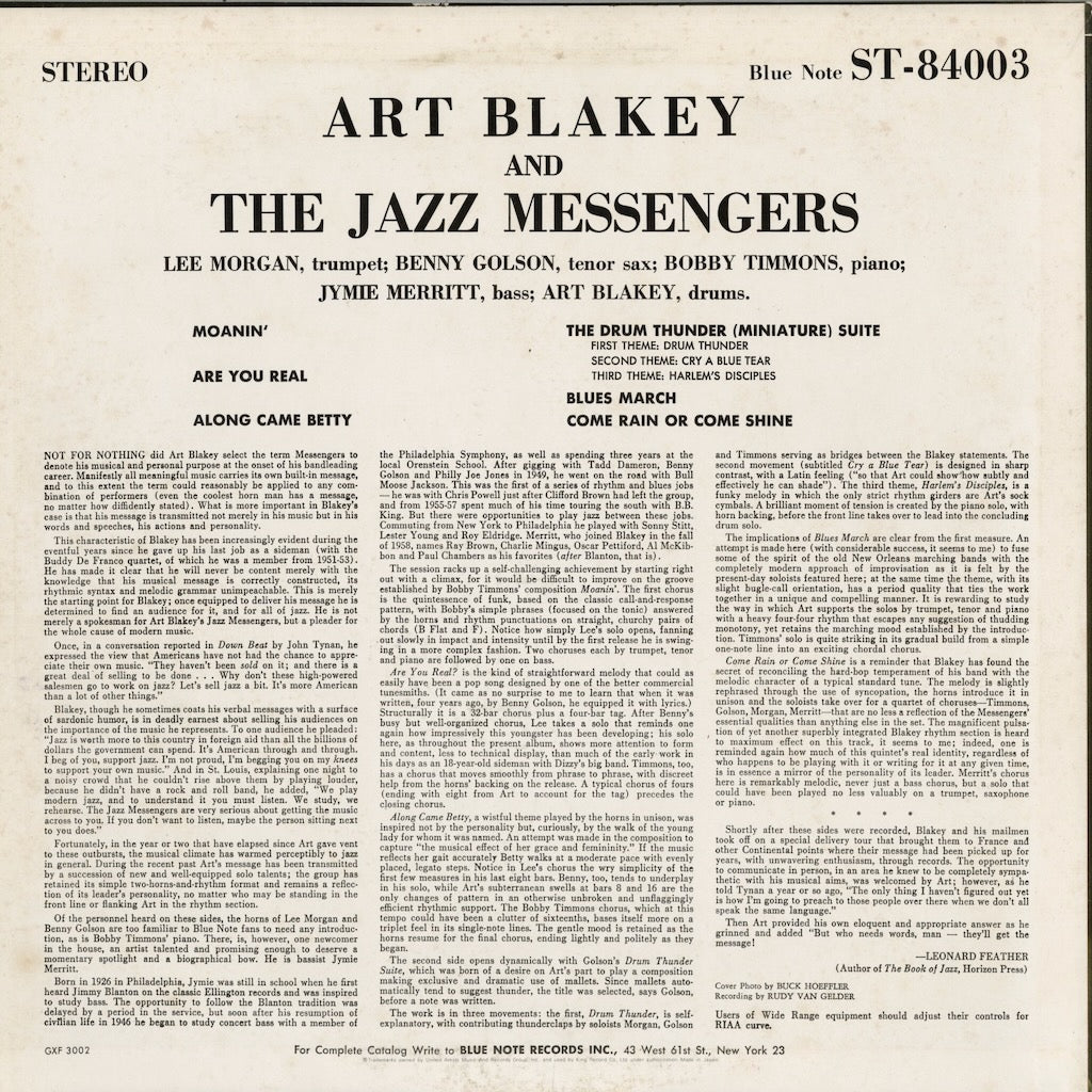 Art Blakey And The Jazz Messengers - Moanin' (GXF 3002) 1977 JPN Blue Note｜中古LP