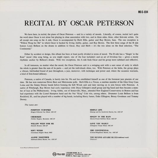 Oscar Peterson / オスカー・ピーターソン / Recital By Oscar Peterson (POJJ-1601)