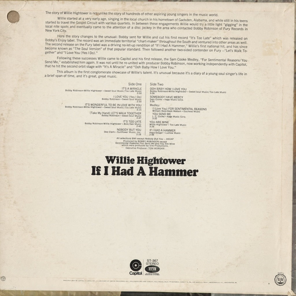 Willie Hightower - If I Had A Hammer (ST-367) 1969 US Capitol｜中古LP