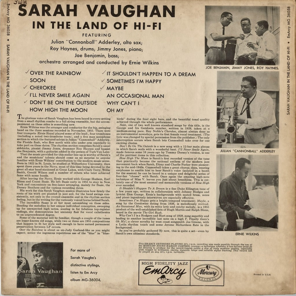 Sarah Vaughan - In The Land Of Hi-Fi (MG 36058) LP 1956 US EmArcy｜中古LP