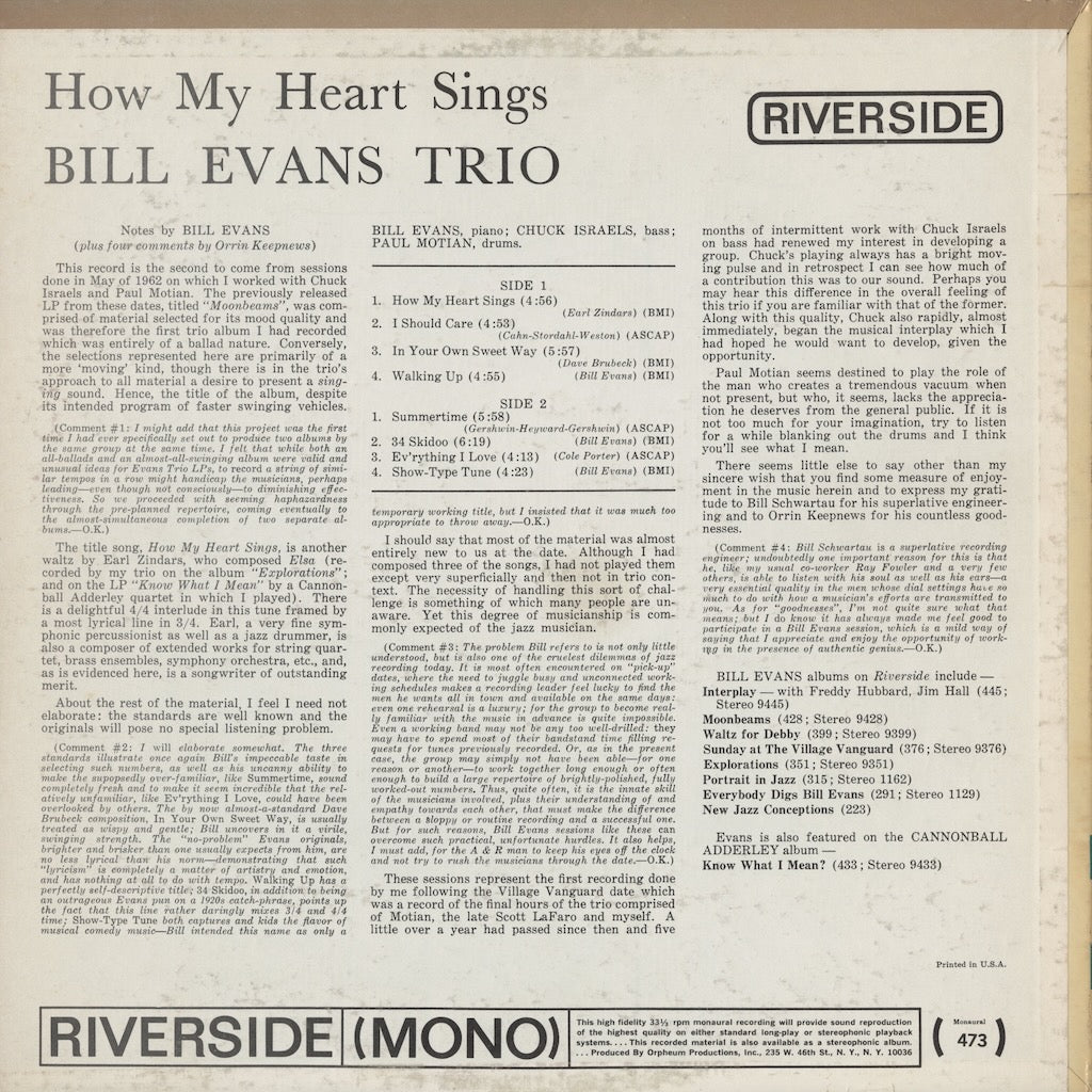 Bill Evans / ビル・エヴァンス / How My Heart Sings! (RM 473