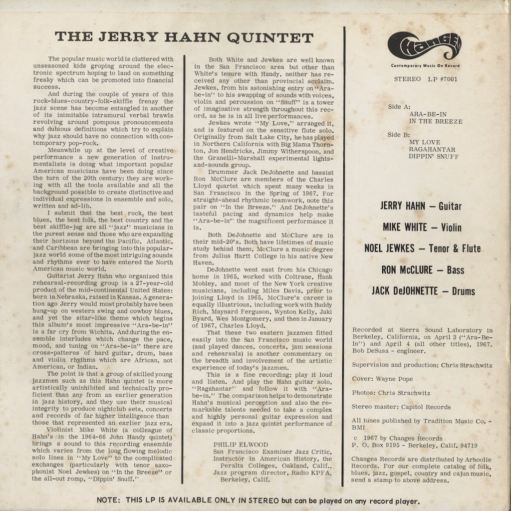 The Jerry Hahn Quintet - Ara-Be-In (LP #7001) LP 1967 US Changes｜中古LP