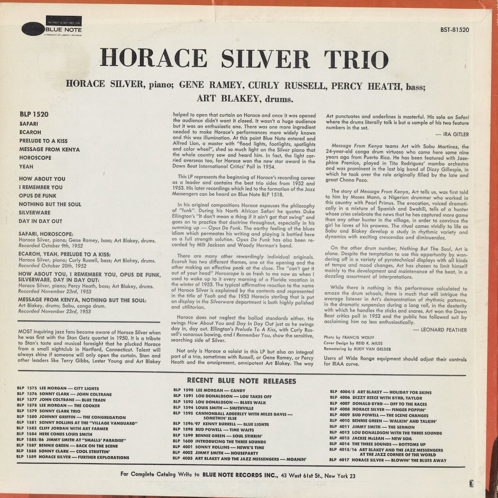 Horace Silver - Horace Silver Trio (BST 81520) 1970 US Blue Note｜中古LP