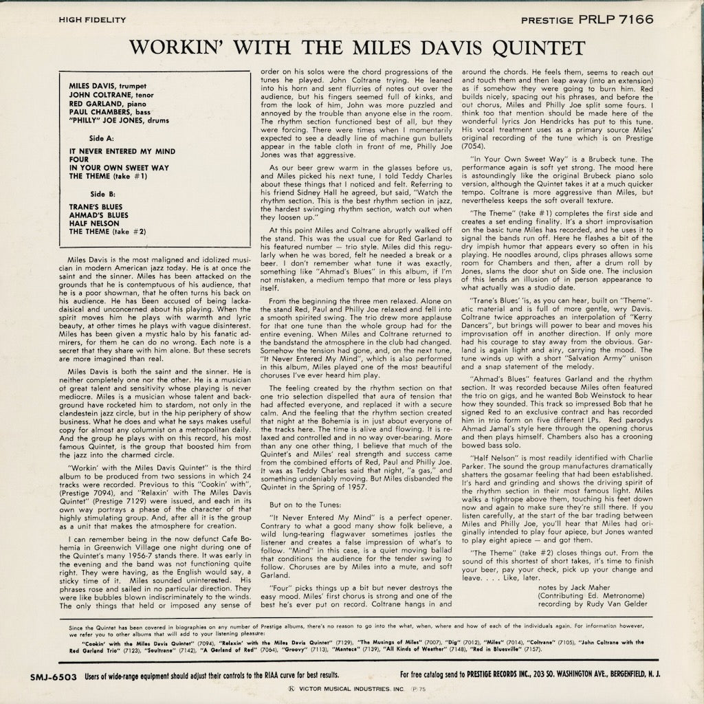 Miles Davis - Workin' (SMJ-6503M) 1975 JPN Prestige｜中古LP